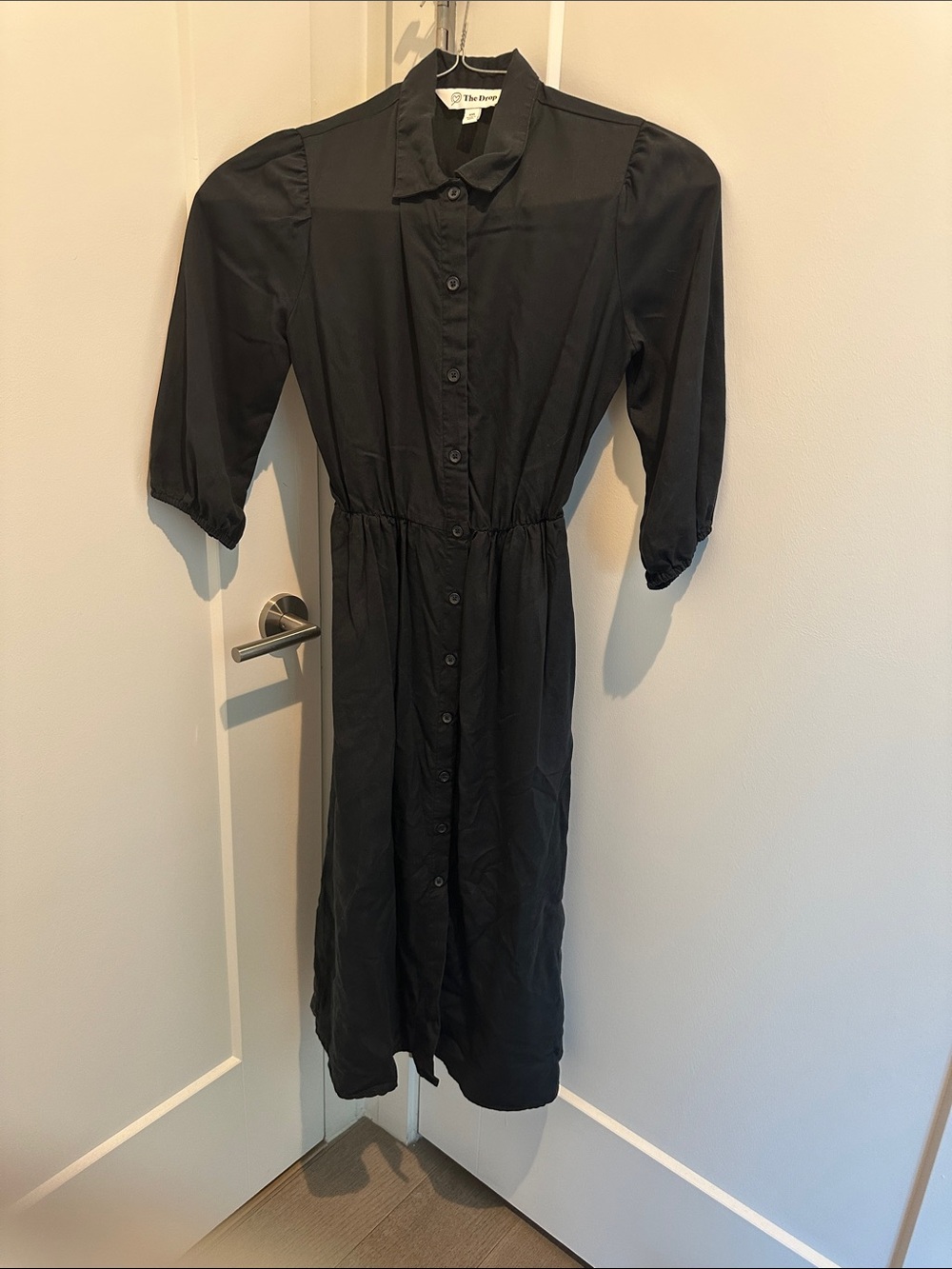 The Drop Black Midi Shirt Dress with Button Front XXS